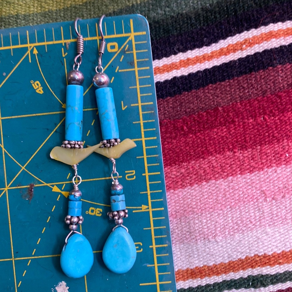 Turquoise Carved MOP Fetish Bird 925 Earrings, 3” - Picture 2 of 3